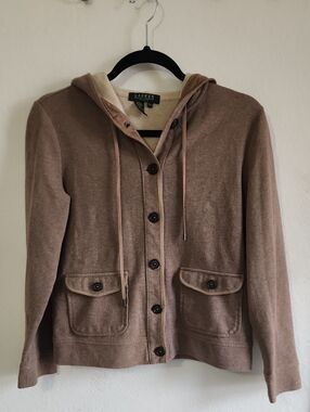 Y2k Minimalist Preppy Lauren Ralph Lauren Vintage Tan Hooded Button Jacket P/M